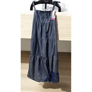 New 9Fashion Blue Tiered Denim Smocked Top Tiered Maxi Tie Lace Dress Sz Small